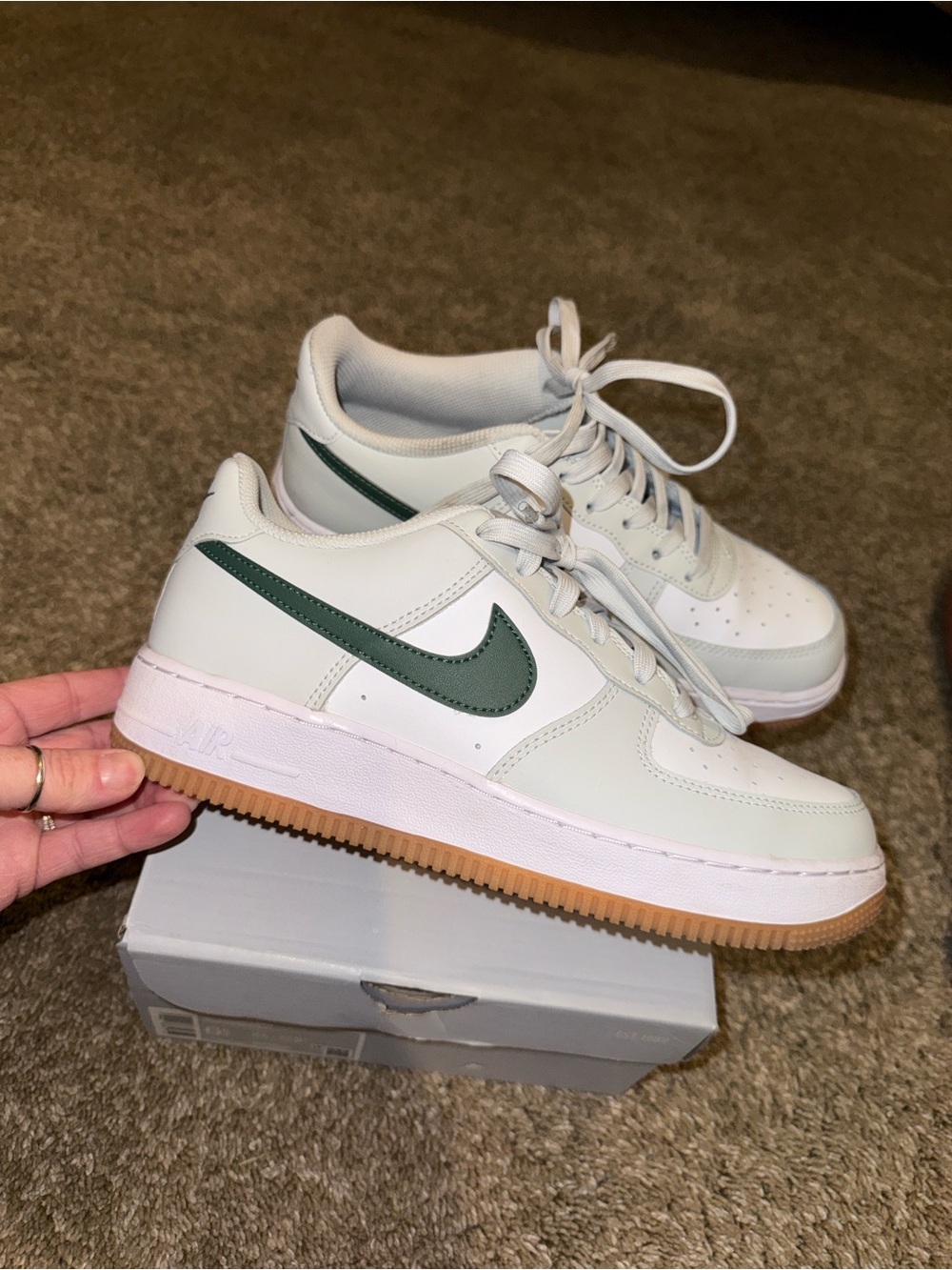 Boys Nike Low-Top Sneakers White with Dark Green Swoosh and Gum Sole